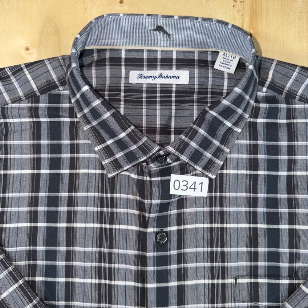 Tommy Bahama Mens XL Black Gray Plaid Silk Cotton Long Sleeve Button Up Shirt - Picture 2 of 8